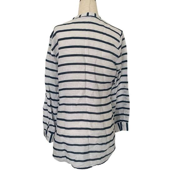 Zara Linen Navy White Stripes Button Roll Sleeves Pockets Blouse Shirt Medium - Picture 4 of 10
